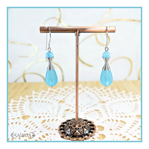 Boucles d'oreilles "kalaya" pierres fines de turquoise perles sea glass turquoise givré crochets acier inoxydable (#bo775)