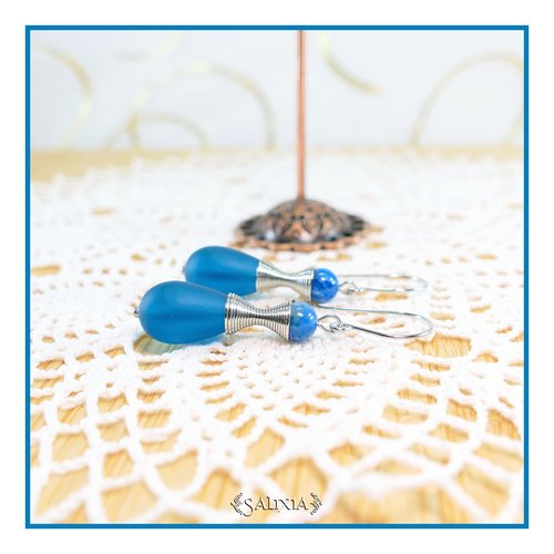 Boucles d'oreilles "kalaya" pierres fines d'apatite perles sea glass bleu teal givré crochets acier inoxydable (#bo776)