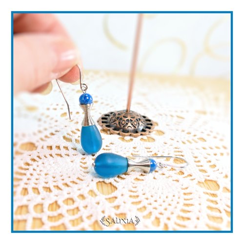 Boucles d'oreilles "kalaya" pierres fines d'apatite perles sea glass bleu teal givré crochets acier inoxydable (#bo776)