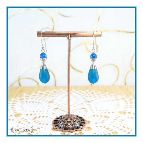 Boucles d'oreilles "kalaya" pierres fines d'apatite perles sea glass bleu teal givré crochets acier inoxydable (#bo776)