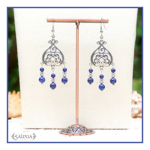 Pièce rare - boucles d'oreilles art nouveau lapis lazuli plaqué argent crochets en acier inoxydable (#bo45)