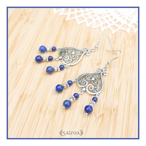 Pièce rare - boucles d'oreilles art nouveau lapis lazuli plaqué argent crochets en acier inoxydable (#bo45)