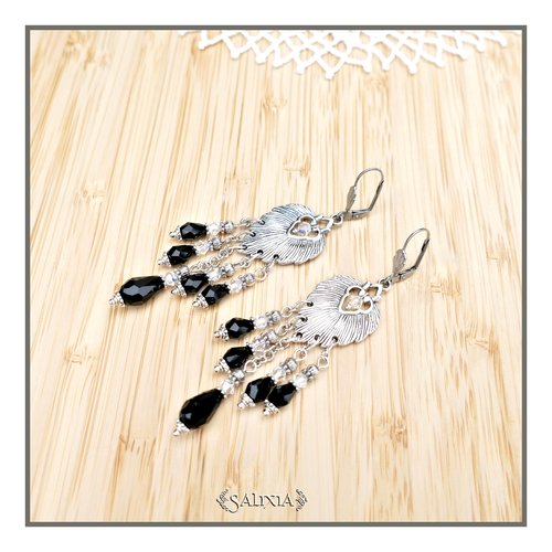 Boucles d'oreilles feuilles argent cristal aurore boréale gouttes cristal noir dormeuses en acier inoxydable (#bo71)