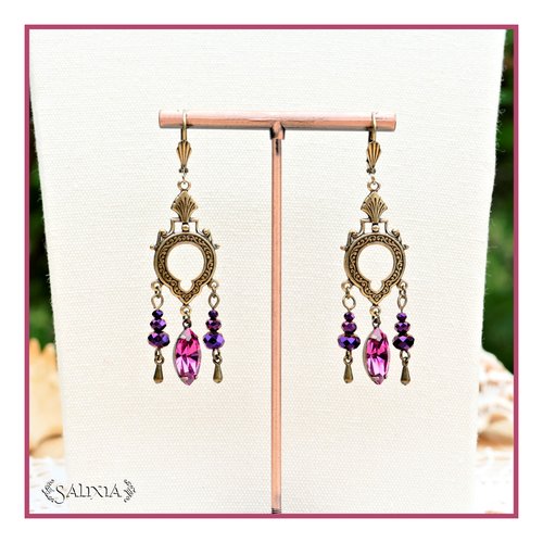 Pièce rare - boucles d'oreilles style art déco laiton très haute qualité cristal fuchsia perles violine (#bo76)