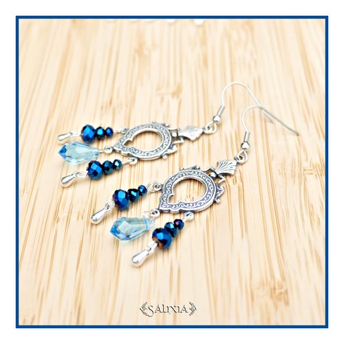Boucles d'oreilles gouttes cristal bleu style art déco laiton plaqué argent très haute qualité crochets en acier inoxydable (#bo78)