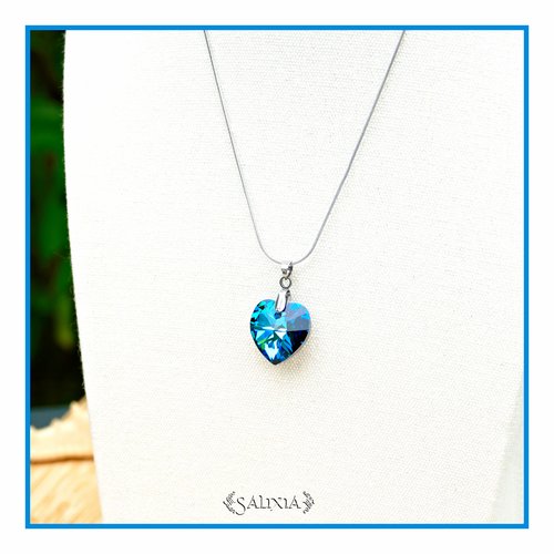 Collier coeur en cristal bleu bermudes chaine bélière fermoir en acier inoxydable (#c267p230)
