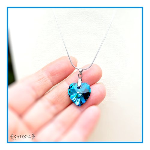 Collier coeur en cristal bleu bermudes chaine bélière fermoir en acier inoxydable (#c267p230)