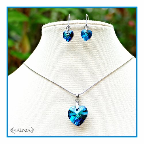Collier coeur en cristal bleu bermudes chaine bélière fermoir en acier inoxydable (#c267p230)