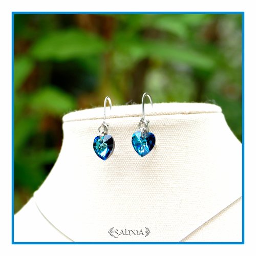 Boucles d'oreilles coeur en cristal bleu bermudes dormeuses acier inoxydable (#bo789 p230)