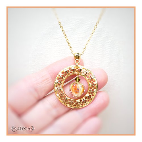 Collier pendentif bouton de fleur artisanal verre lampwork laiton doré or fin chaine et mousqueton acier inoxydable doré (#c265)