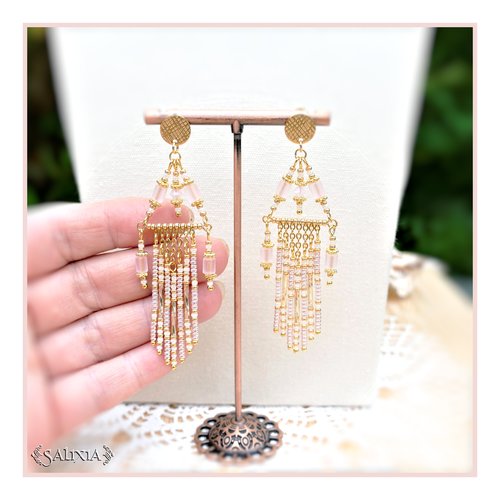 Boucles d'oreilles collection "lorella" opale rose pastel au choix puces ou crochets en acier inoxydable doré (#bo778)