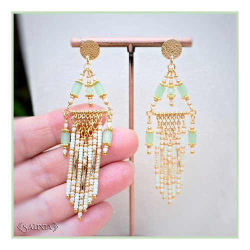 Boucles d'oreilles collection "lorella" opale vert pastel au choix puces ou crochets en acier inoxydable doré (#bo779)