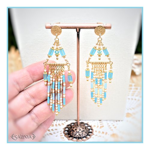 Boucles d'oreilles collection "lorella" opale turquoise pastel au choix puces ou crochets en acier inoxydable doré (#bo780)