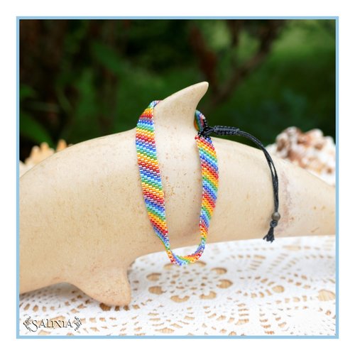 Bracelet arc en ciel tissé à l'aiguille avec des perles en verre japonaises fermoir lien coulissant (#bc294)