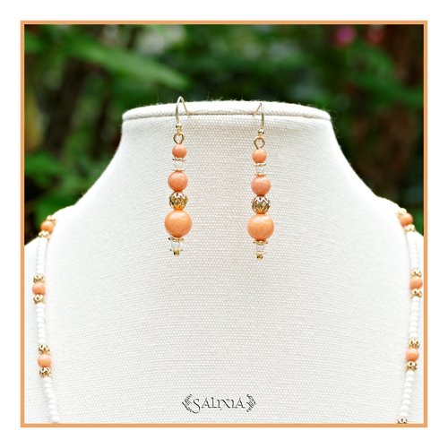Boucles d'oreilles "letizia" perles de jade saumon perles dorées à l'or fin crochets acier inoxydable doré (#b0791 p232)