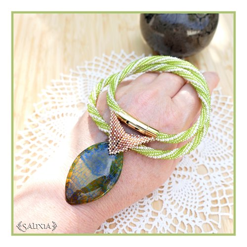 Piéce unique - collier torsadé tissé à l'aiguille perles japonaises chartreuse agate veine de dragon fermoir acier inoxydable (#c270)