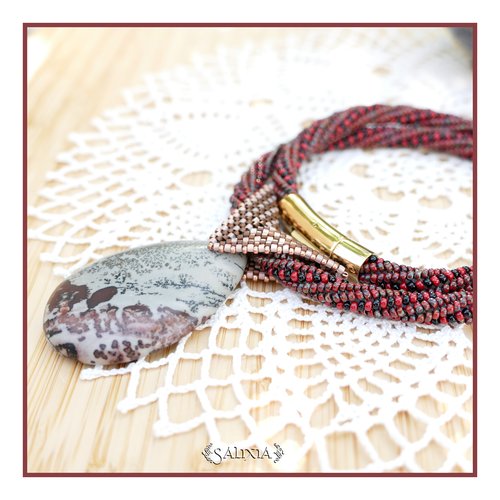 Piéce unique - collier torsadé tissé à l'aiguille perles japonaises pierre fine jaspe grain de café fermoir acier inoxydable (#c271)