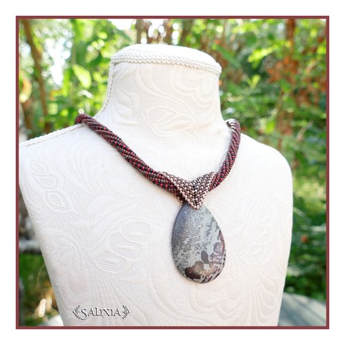 Piéce unique - collier torsadé tissé à l'aiguille perles japonaises pierre fine jaspe grain de café fermoir acier inoxydable (#c271)