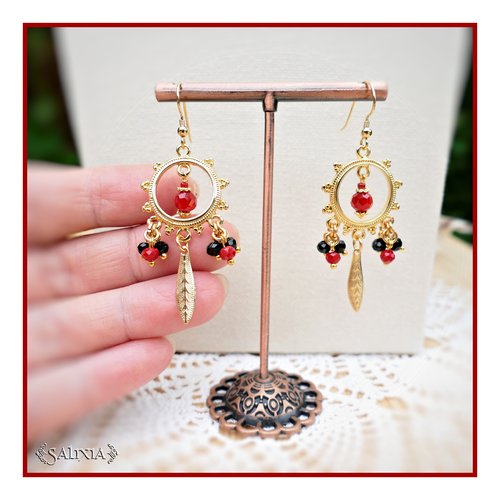 Boucles d'oreilles rouges et noires laiton doré à l'or fin crochets acier inoxydable doré (#bo793)