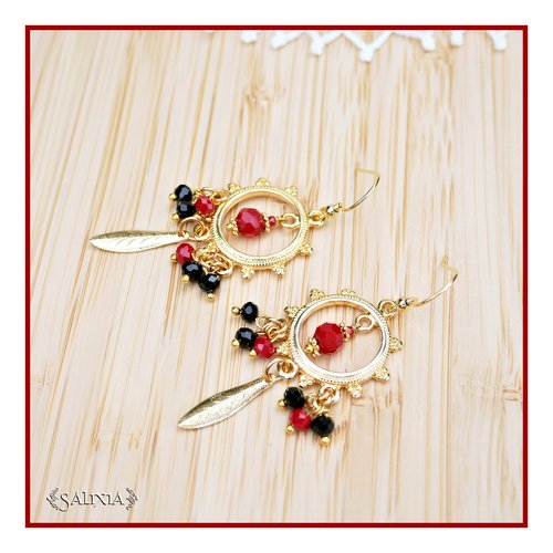 Boucles d'oreilles rouges et noires laiton doré à l'or fin crochets acier inoxydable doré (#bo793)