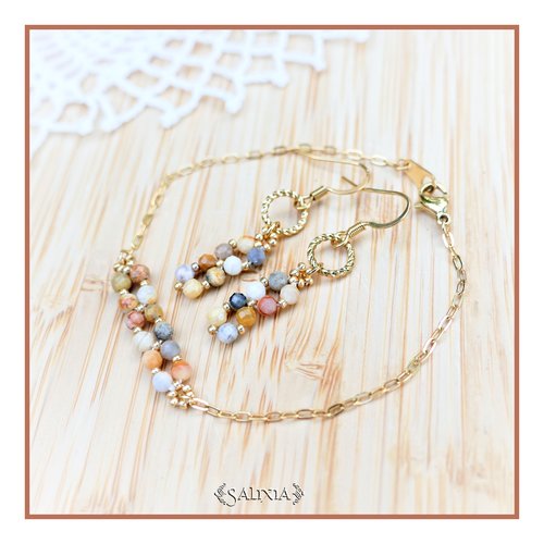 Boucles d'oreilles pierres fines agate crazy lace entièrement en acier inoxydable doré (#bo794 p233)