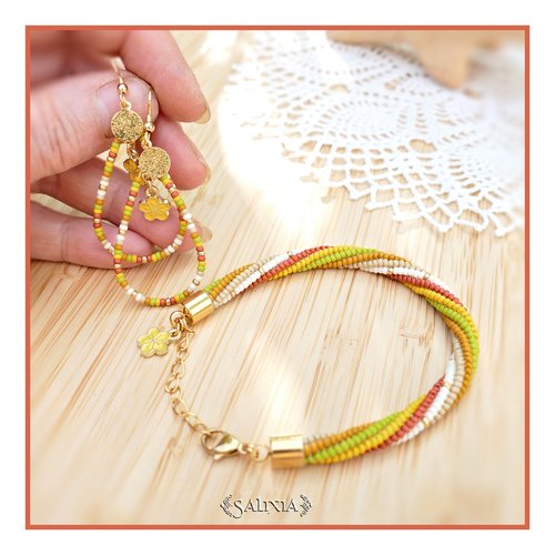 Bracelet "ixora"  tissé à l'aiguille avec des perles en verre japonaises fermoir acier inoxydable doré (#bc307 p241)