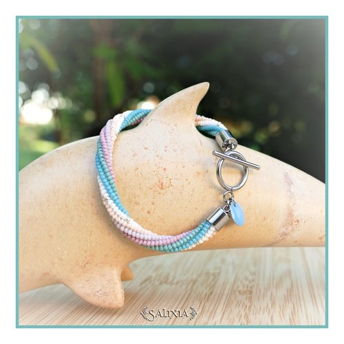 Bracelet "ixora" blue tissé à l'aiguille avec des perles en verre japonaises toggle ou mousqueton acier inoxydable (#bc308 p242)