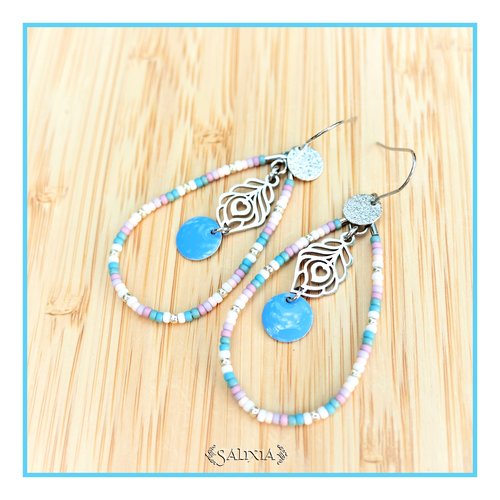 Boucles d'oreilles "ixora" breloques plume de paon gouttes et crochets acier inoxydable (#bo811 p242)