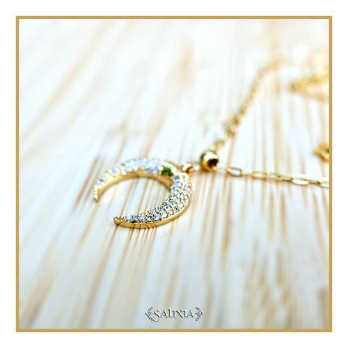 Collier "lune" laiton strassé de petits zirconium breloque étoile chaine et fermoir en acier inoxydable doré (#c250)