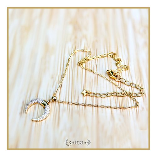 Collier "lune" laiton strassé de petits zirconium breloque étoile chaine et fermoir en acier inoxydable doré (#c250)