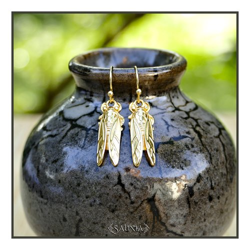 Boucles d'oreilles cigale dorée à l'or fin crochets acier inoxydable doré (#bo819)