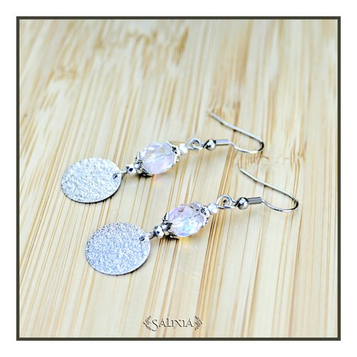 Boucles d'oreilles perle de bohème aurore boréale pendentif stardust argenté crochets acier inoxydable (#bo822)