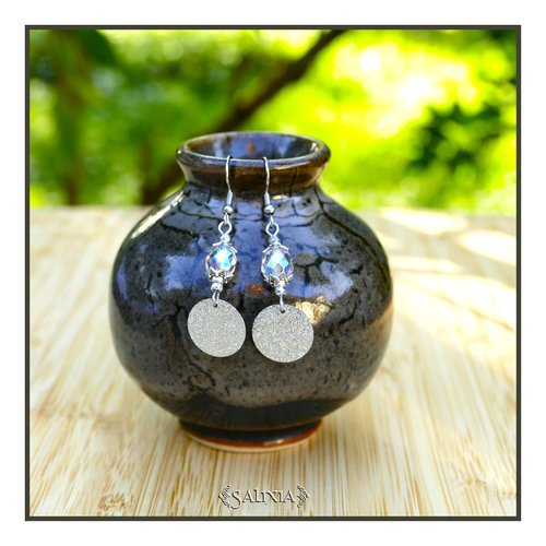 Boucles d'oreilles perle de bohème aurore boréale pendentif stardust argenté crochets acier inoxydable (#bo822)