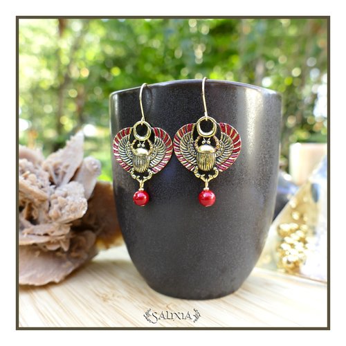 Boucles d'oreilles scarabée sacré égyptien jade rouge crochets acier inoxydable doré (#bo826)