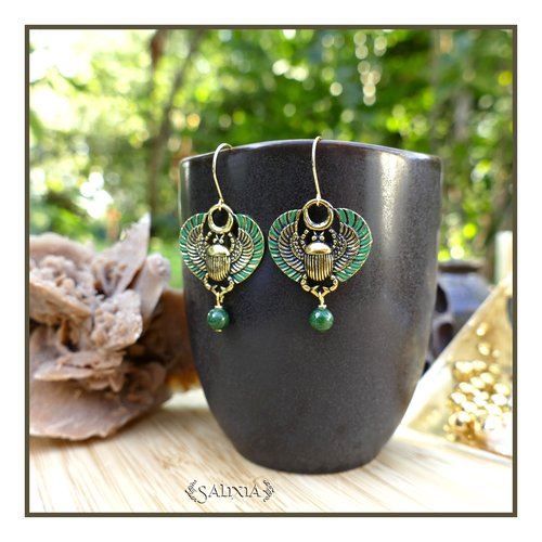 Boucles d'oreilles scarabée sacré égyptien jade vert crochets acier inoxydable doré (#bo828)