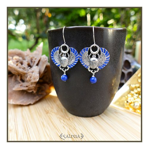 Boucles d'oreilles scarabée sacré égyptien jade bleu lapis lazuli crochets acier inoxydable (#bo829)