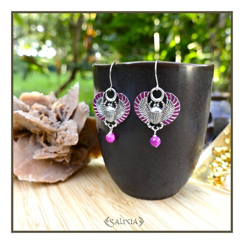 Boucles d'oreilles scarabée sacré égyptien jade fuchsia crochets acier inoxydable (#bo830)