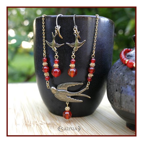 Pièce unique - collier "clarissa" hirondelle style art nouveau laiton haute qualité perles dorées à l'or fin cornaline (#c291 p243)