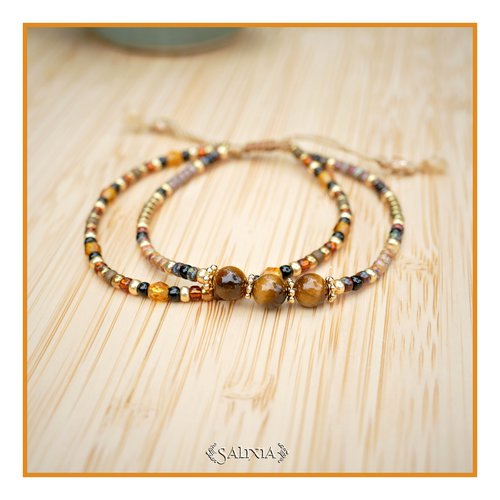 Bracelet 2 rangs perles oeil de tigre perles dorées or fin rocailles japonaises fermoir lien coulissant (#bc311)