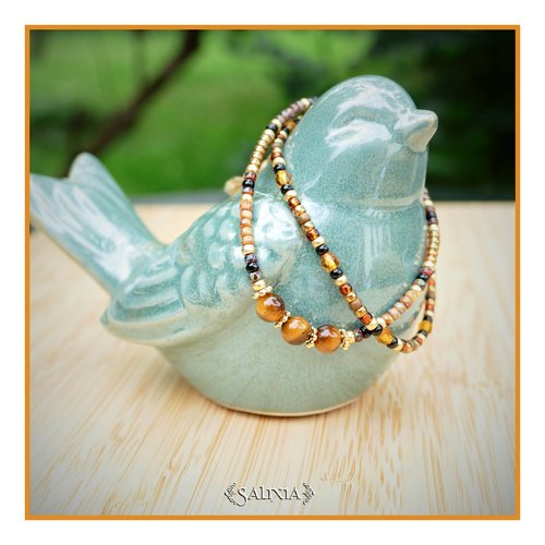 Bracelet 2 rangs perles oeil de tigre perles dorées or fin rocailles japonaises fermoir lien coulissant (#bc311)