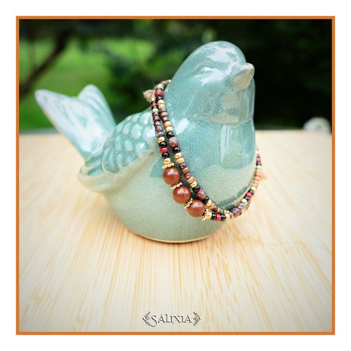 Vendu - bracelet 2 rangs perles obsidienne acajou perles dorées or fin rocailles japonaises fermoir lien coulissant (#bc313)