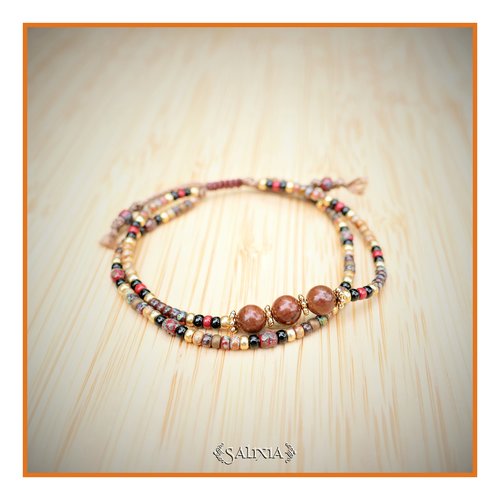 Bracelet 2 rangs perles obsidienne acajou perles dorées or fin rocailles japonaises fermoir lien coulissant (#bc313.b)