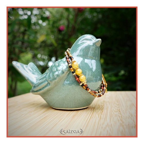 Bracelet 2 rangs perles citrine perles dorées or fin rocailles japonaises fermoir lien coulissant (#bc315)