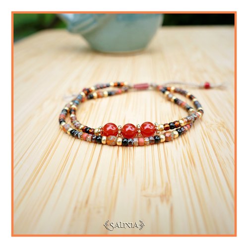 Bracelet 2 rangs perles cornaline perles dorées or fin rocailles japonaises fermoir lien coulissant (#bc317)
