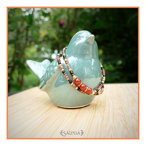 Bracelet 2 rangs perles cornaline perles dorées or fin rocailles japonaises fermoir lien coulissant (#bc317)