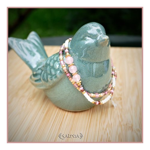 Bracelet 2 rangs perles quartz rose perles dorées or fin rocailles japonaises fermoir lien coulissant (#bc319)