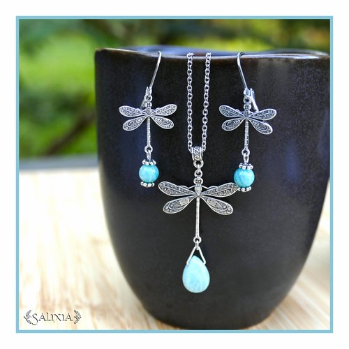 Collier "winona" libellules style art nouveau laiton plaqué argent pierre fine amazonite chaine acier inoxydable (#c293 p245)