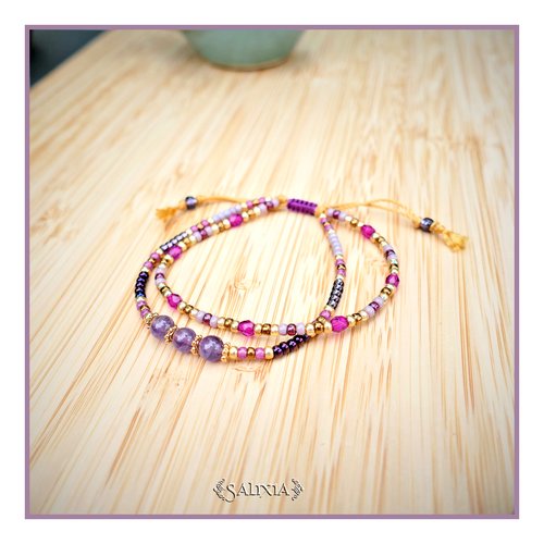 Bracelet 2 rangs perles améthyste perles dorées or fin rocailles japonaises fermoir lien coulissant (#bc321)