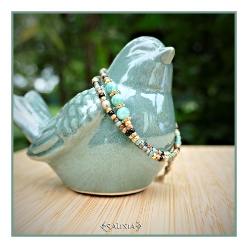 Bracelet 2 rangs perles amazonite perles dorées or fin rocailles japonaises fermoir lien coulissant (#bc323)