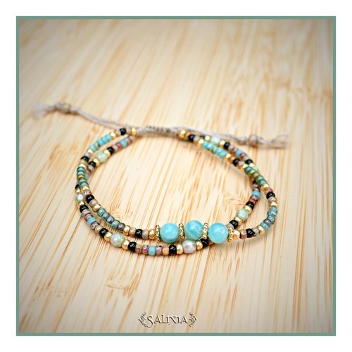 Bracelet 2 rangs perles amazonite perles dorées or fin rocailles japonaises fermoir lien coulissant (#bc323)